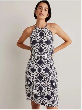 BODEN HALTER NECK OPEN BACK LINEN NAVY / WHITE FLORAL DRESS